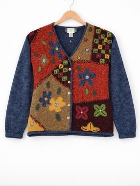 Susan Bristol Casuals~Granola~Patchwork~Maximalist~Womens Cardigan~Size Large